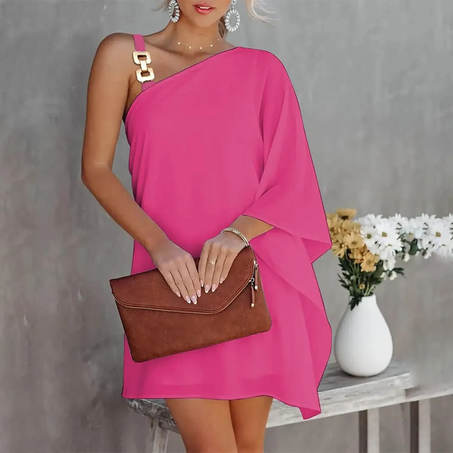 NaRHbrg 2025 Women One Shoulder Casual Summer Dresses Casual Batwing Sleeve One Shoulder Dress Club Party Cocktail Sundress