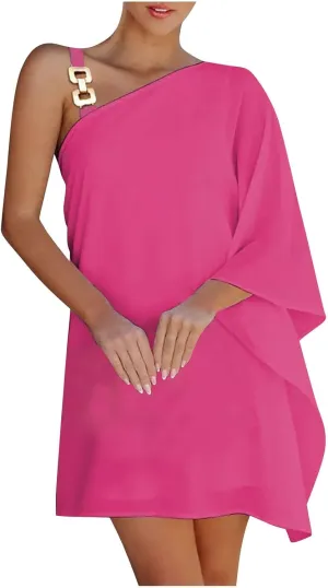 NaRHbrg 2025 Women One Shoulder Casual Summer Dresses Casual Batwing Sleeve One Shoulder Dress Club Party Cocktail Sundress