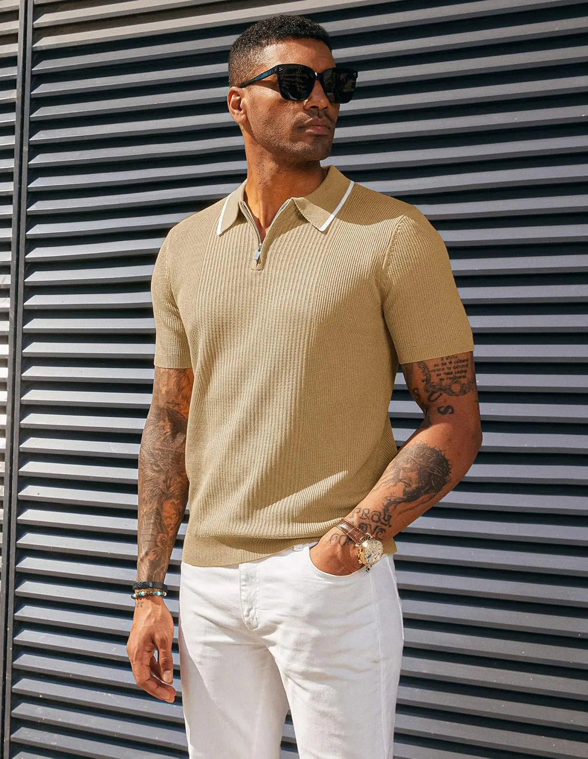 PJ PAUL JONES Men's Quarter Zip Polo Shirts Contrast Collar Knit Polo Shirt Short Sleeve Polos