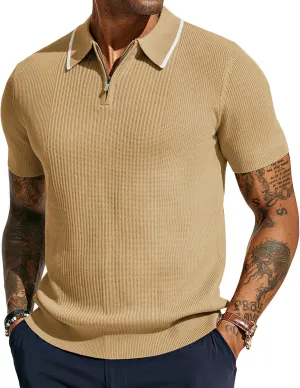 PJ PAUL JONES Men's Quarter Zip Polo Shirts Contrast Collar Knit Polo Shirt Short Sleeve Polos