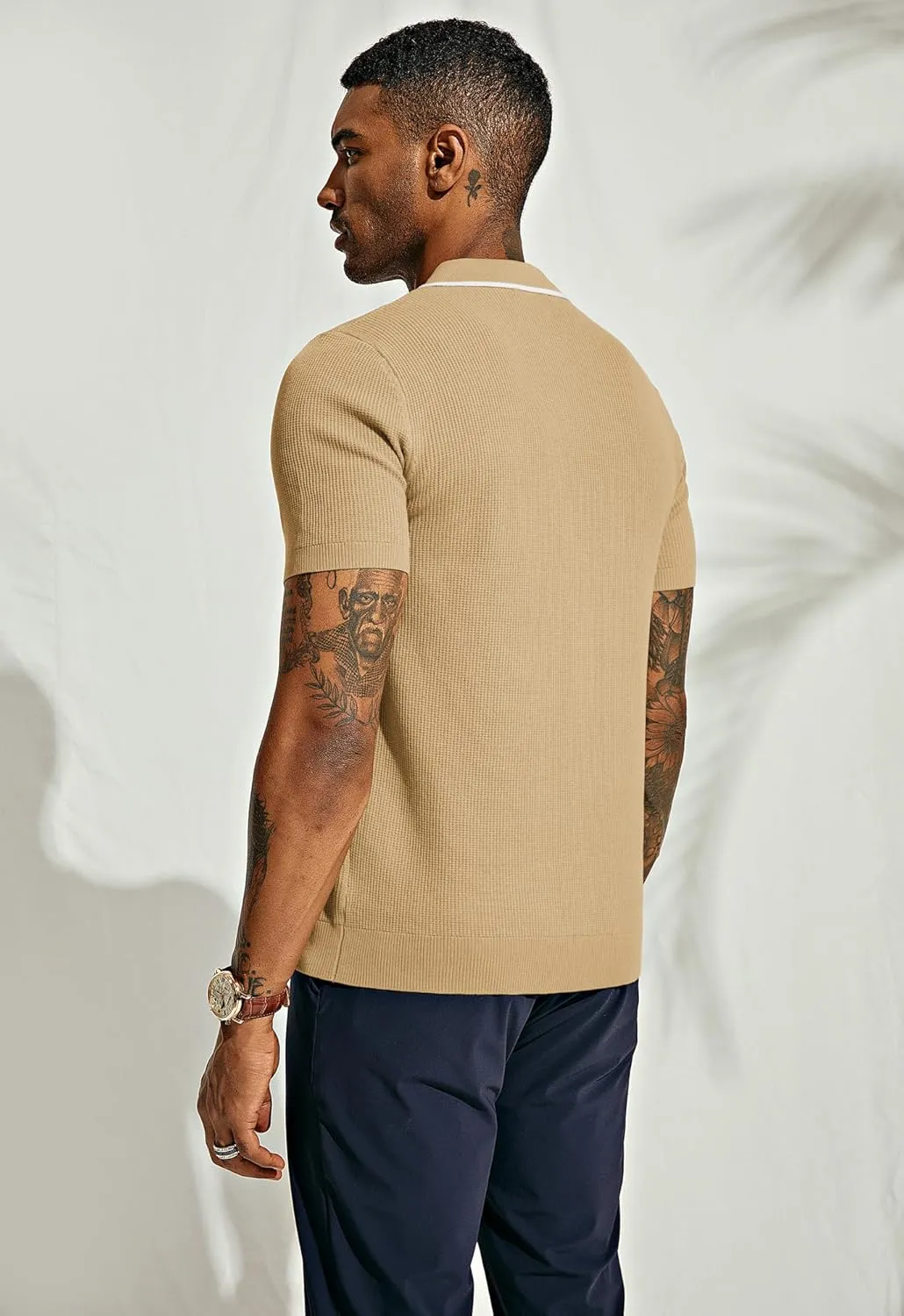 PJ PAUL JONES Men's Quarter Zip Polo Shirts Contrast Collar Knit Polo Shirt Short Sleeve Polos