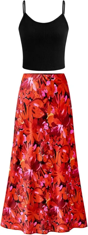 PRETTYGARDEN Spaghetti Strap Tank Top Summer Sets Women 2 Piece Outfits Floral Maxi Skirts for Women Trendy Beach Vacation