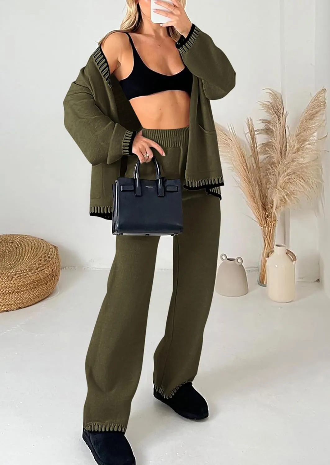 PRETTYGARDEN Women's 2 Piece Outfits Knit Matching Lounge Sets Long Sleeve V Neck Cardigan Sweaters Wide Leg Pants Tracksuits