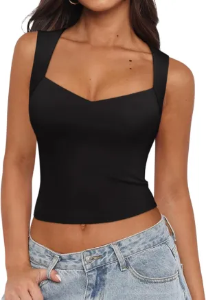 REORIA Women's Sexy V Neck Crop Tank Top Y2K Slim Going Out Top Double Lined Basic Shirt