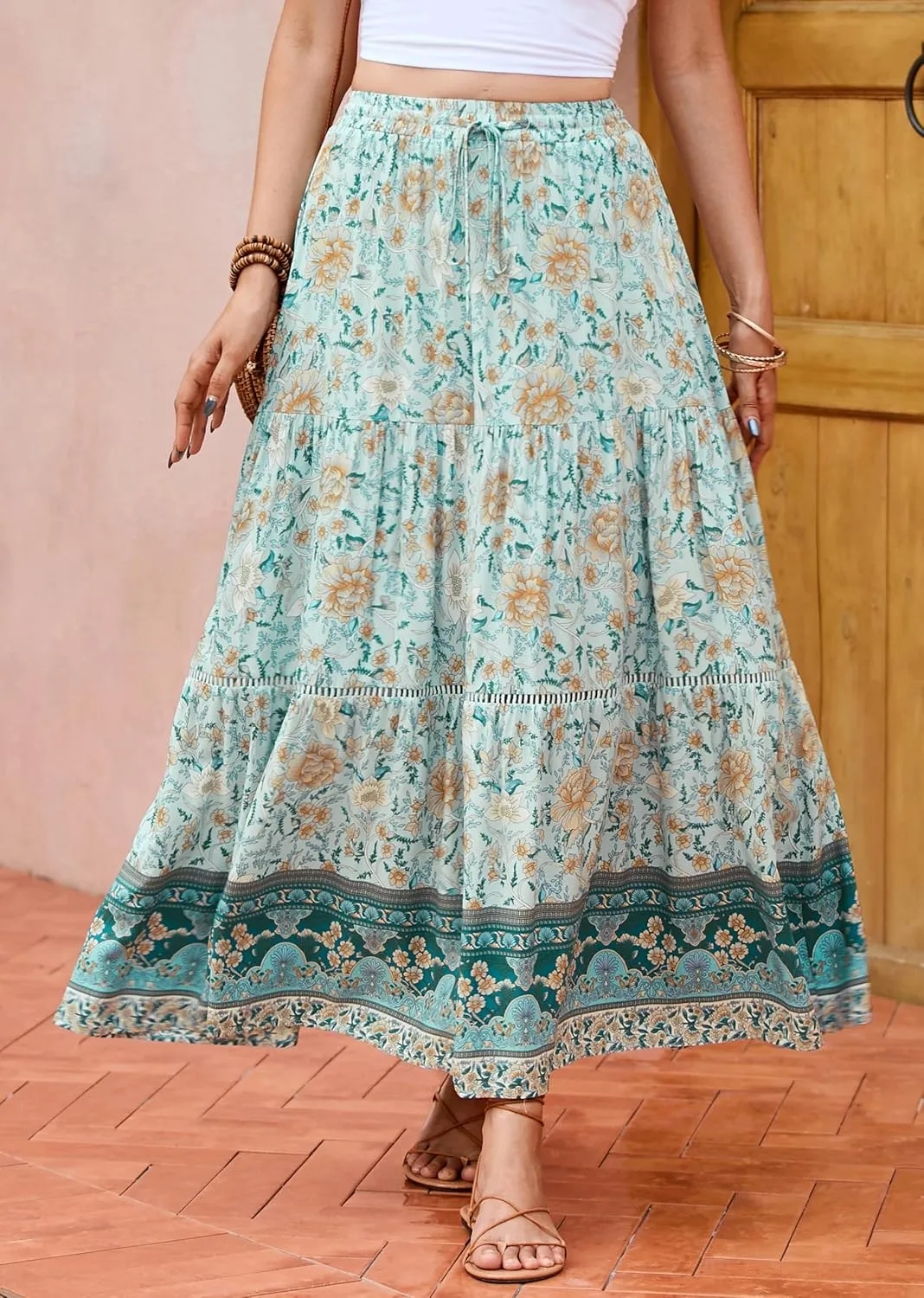 R.Vivimos Womens Summer Cotton Vintage Floral Print Boho Casual Ruffled Flowy Maxi Skirt