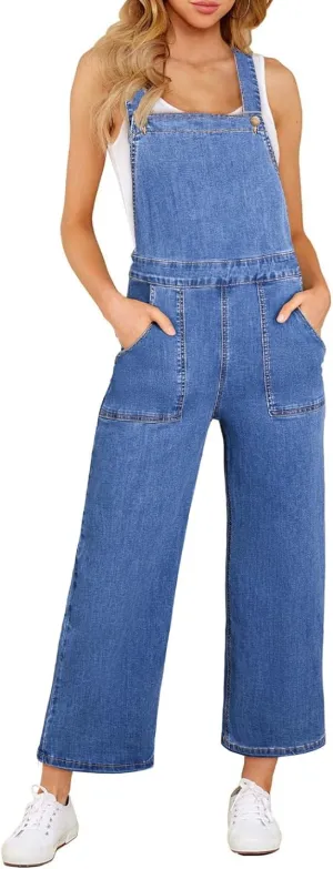 Sidefeel Overalls for Women Casual Stretchy Adjustable Strap Denim Jumpsuits Wide Leg Loose Fit Cropped Jean Rompers