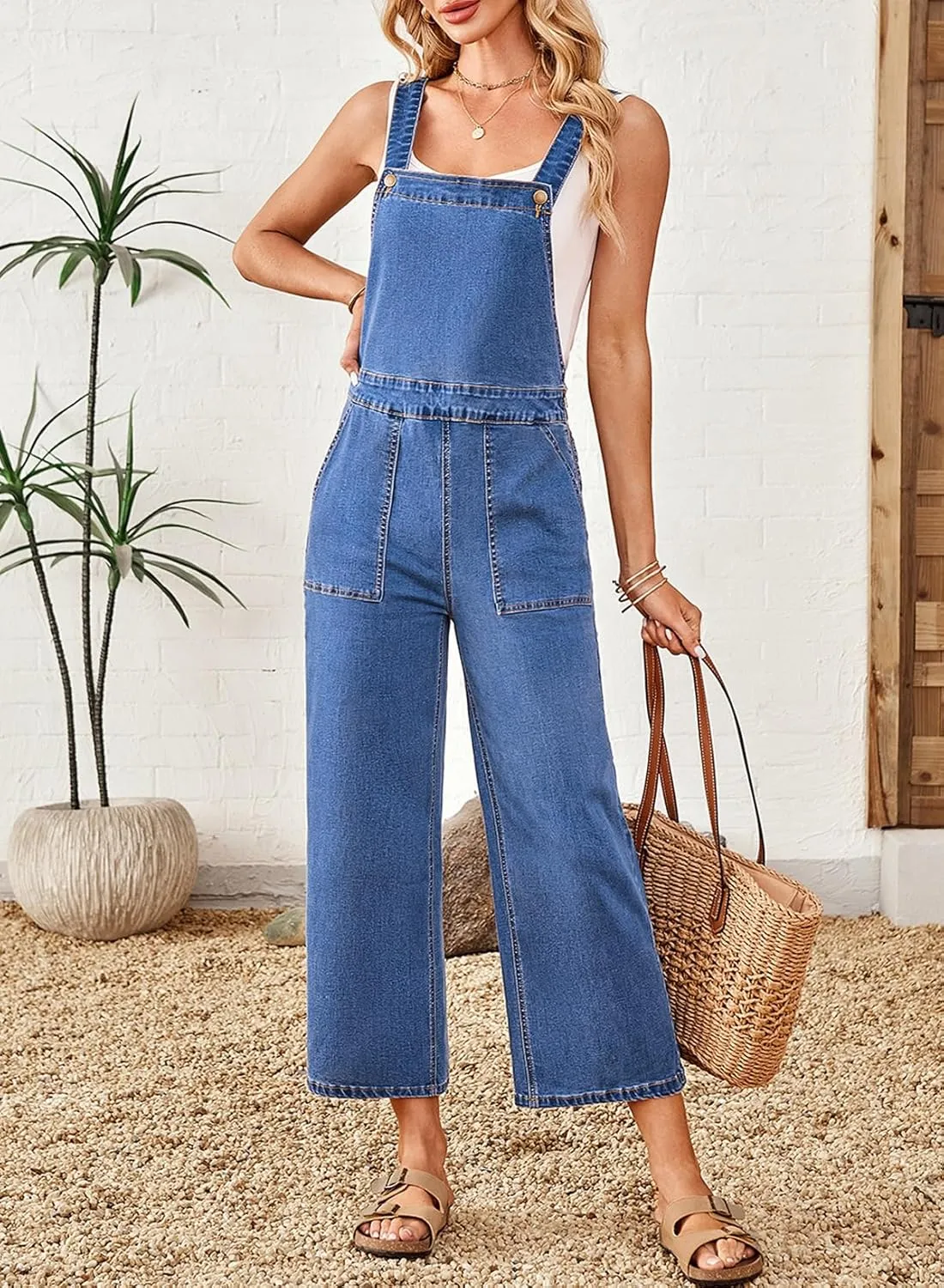 Sidefeel Overalls for Women Casual Stretchy Adjustable Strap Denim Jumpsuits Wide Leg Loose Fit Cropped Jean Rompers