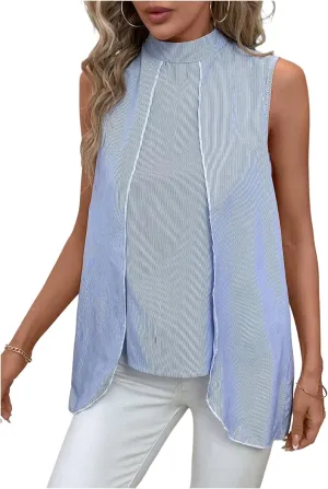 SweatyRocks Women's Asymmetrical Hem Sleeveless Blouse Mock Neck Shirts Top