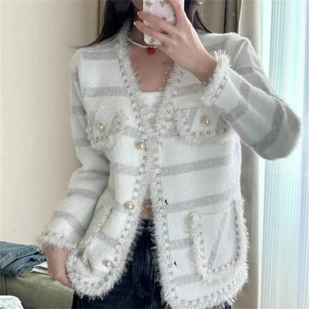 Women French Style Striped Furry Button Knitted Cardigan V Neck Long Sleeve Loose Sweater Coat
