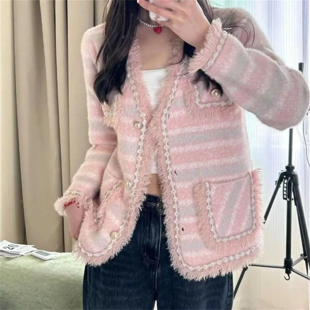 Women French Style Striped Furry Button Knitted Cardigan V Neck Long Sleeve Loose Sweater Coat