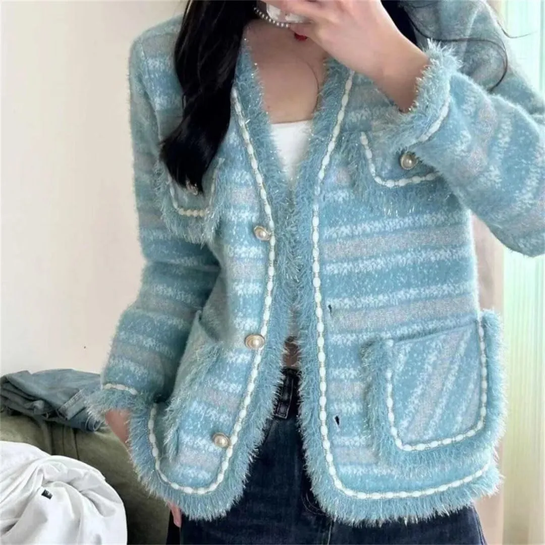 Women French Style Striped Furry Button Knitted Cardigan V Neck Long Sleeve Loose Sweater Coat