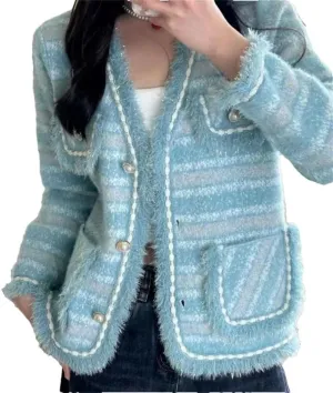Women French Style Striped Furry Button Knitted Cardigan V Neck Long Sleeve Loose Sweater Coat