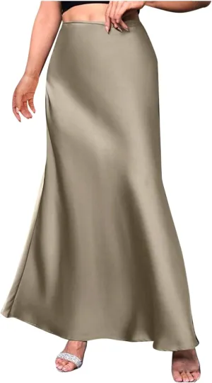 Women Satin High Waisted Maxi Skirts Hidden Elasticized Waistband A Line Long Skirt 2025 Elegant Clothes