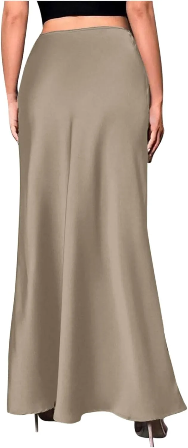 Women Satin High Waisted Maxi Skirts Hidden Elasticized Waistband A Line Long Skirt 2025 Elegant Clothes