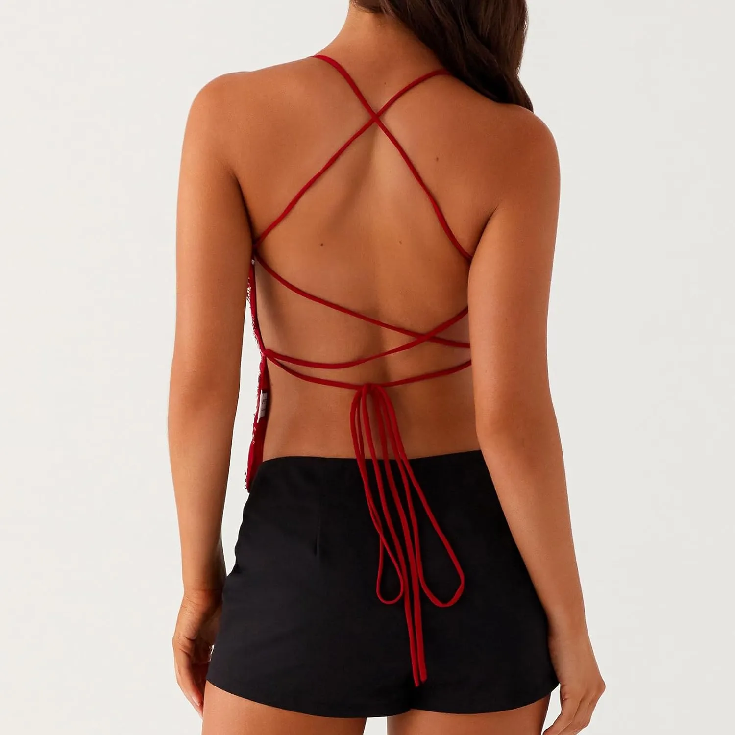 Women Sequin Cami Top Sexy Beaded Sleeveless Halter Crop Top Summer Glitter Backless Club Party Streetwear