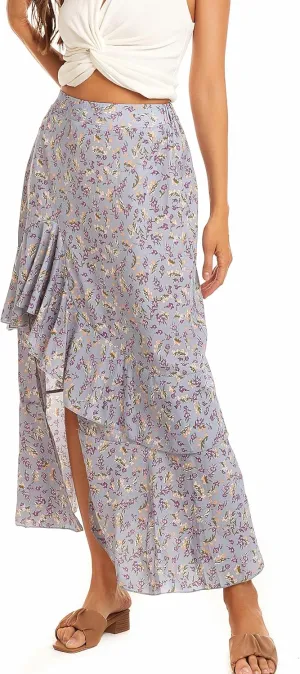 Womens Boho Floral Print Long Skirt Dress Chic High Low Side Split Ruffle Hem Elastic Waist Swing Maxi Dresses