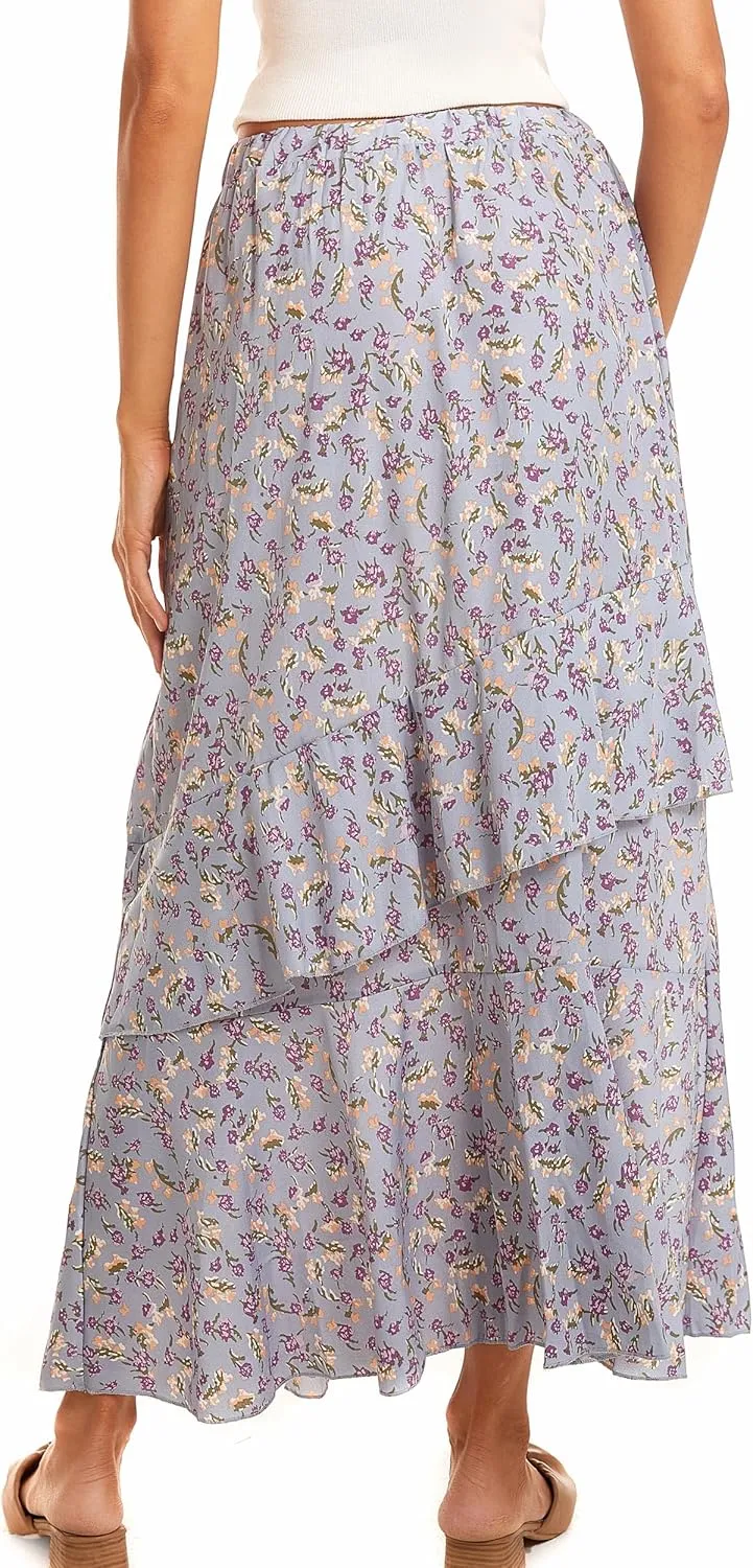 Womens Boho Floral Print Long Skirt Dress Chic High Low Side Split Ruffle Hem Elastic Waist Swing Maxi Dresses