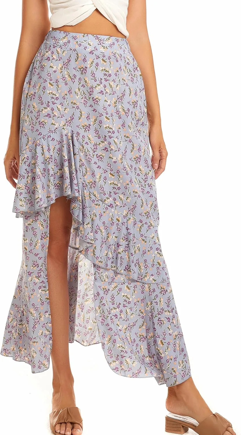 Womens Boho Floral Print Long Skirt Dress Chic High Low Side Split Ruffle Hem Elastic Waist Swing Maxi Dresses