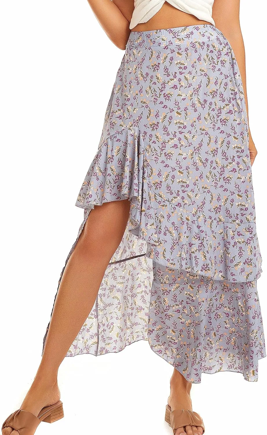 Womens Boho Floral Print Long Skirt Dress Chic High Low Side Split Ruffle Hem Elastic Waist Swing Maxi Dresses