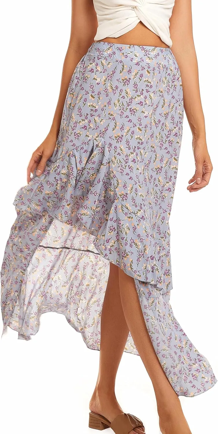 Womens Boho Floral Print Long Skirt Dress Chic High Low Side Split Ruffle Hem Elastic Waist Swing Maxi Dresses