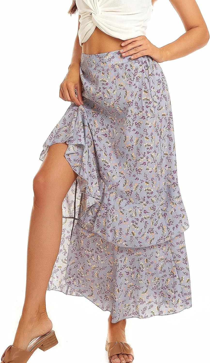 Womens Boho Floral Print Long Skirt Dress Chic High Low Side Split Ruffle Hem Elastic Waist Swing Maxi Dresses