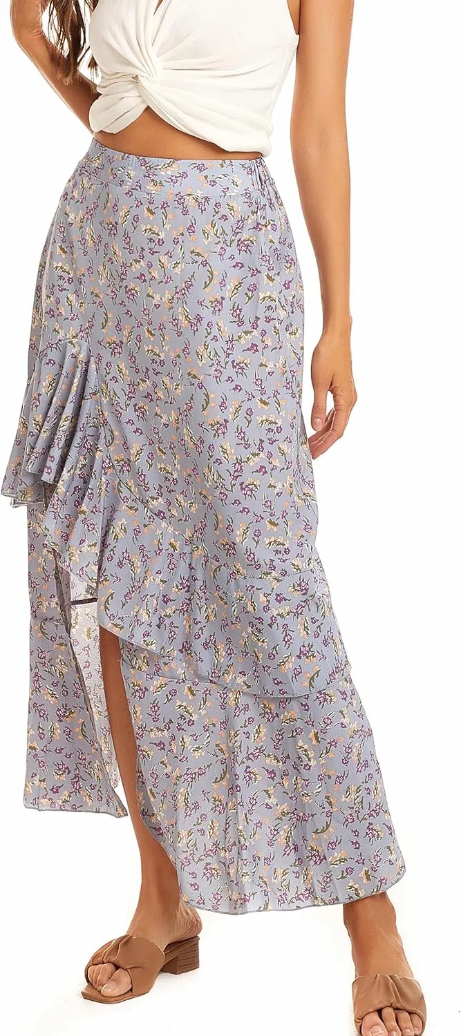 Womens Boho Floral Print Long Skirt Dress Chic High Low Side Split Ruffle Hem Elastic Waist Swing Maxi Dresses