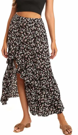 Womens Boho Floral Print Long Skirt Dress Chic High Low Side Split Ruffle Hem Elastic Waist Swing Maxi Dresses