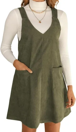 Women's Corduroy Tunic Dress A Line V-Neck Overall Dress Sleeveless Pinafore with Pockets Casual Jumper Dress