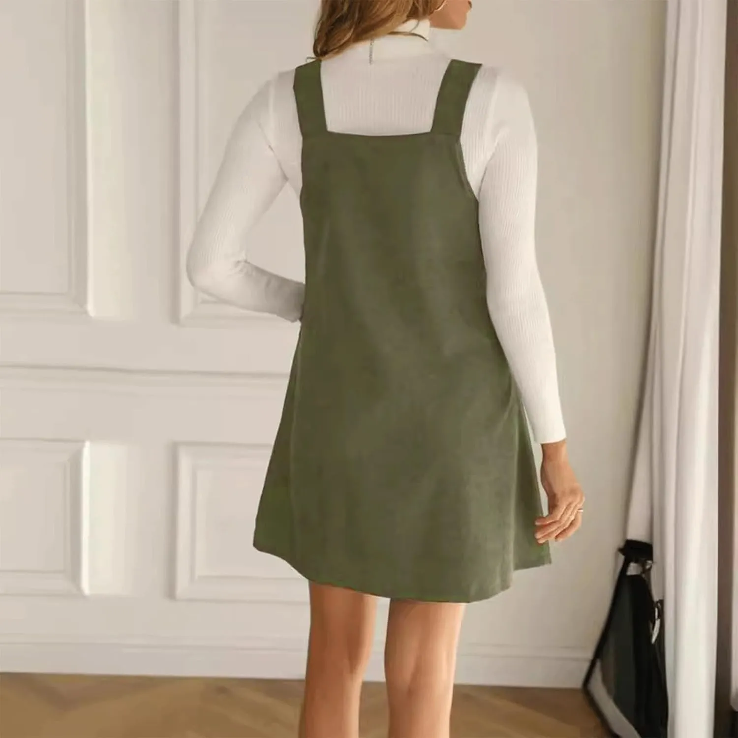 Women's Corduroy Tunic Dress A Line V-Neck Overall Dress Sleeveless Pinafore with Pockets Casual Jumper Dress