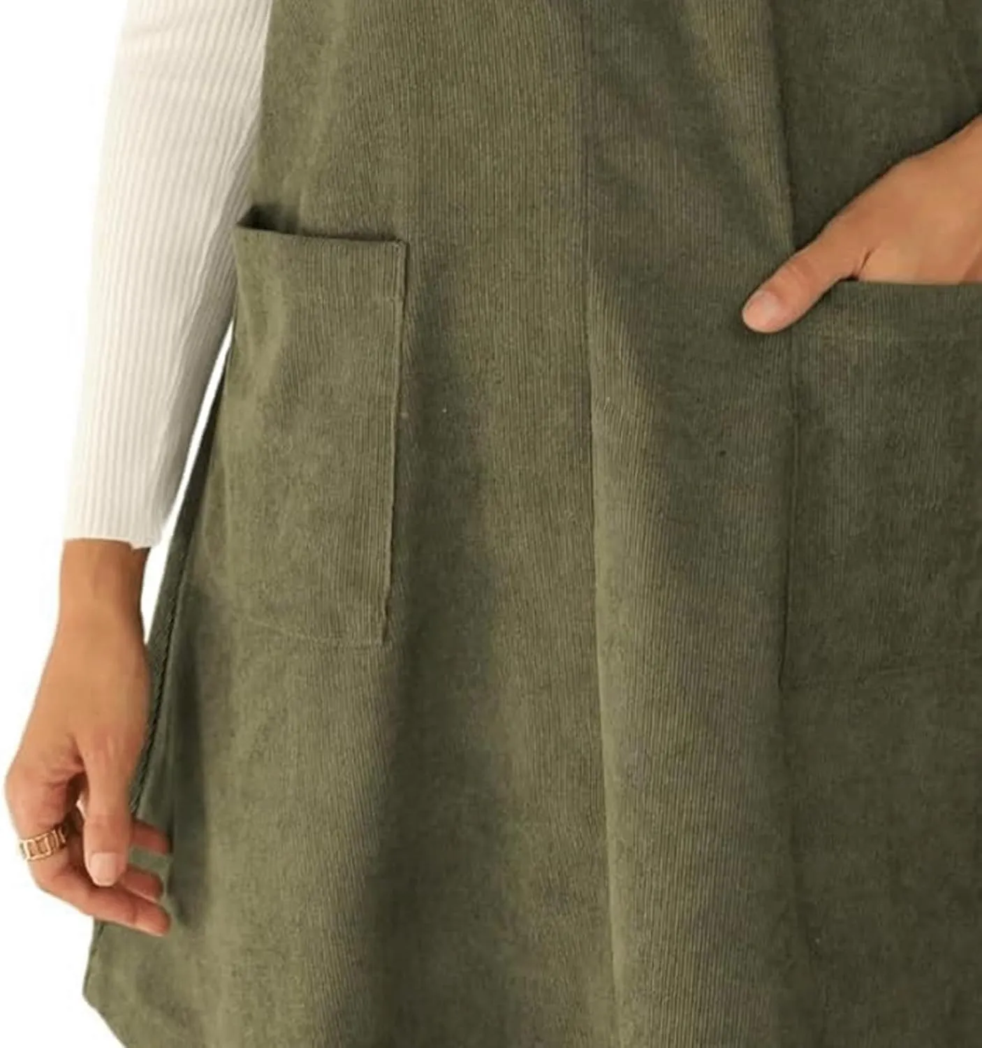 Women's Corduroy Tunic Dress A Line V-Neck Overall Dress Sleeveless Pinafore with Pockets Casual Jumper Dress