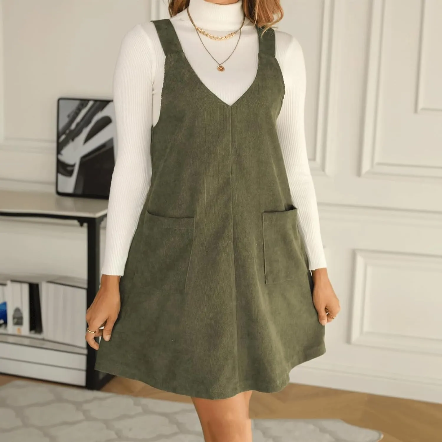 Women's Corduroy Tunic Dress A Line V-Neck Overall Dress Sleeveless Pinafore with Pockets Casual Jumper Dress