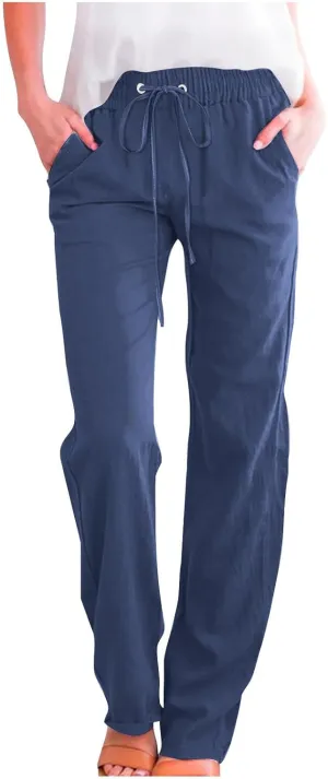 Womens Cotton Linen Pants High Waist Straight Leg Loose Fit Summer Casual Lightweight Plus Size Trousers with Pockets