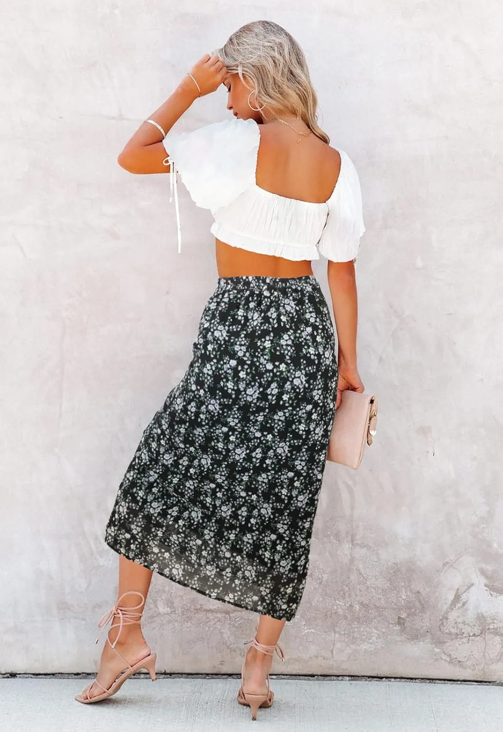 Womens Floral Print Midi Skirt Casual High Elastic Waist Zipper Vintage Long Boho Skirts for Women
