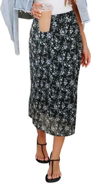 Womens Floral Print Midi Skirt Casual High Elastic Waist Zipper Vintage Long Boho Skirts for Women