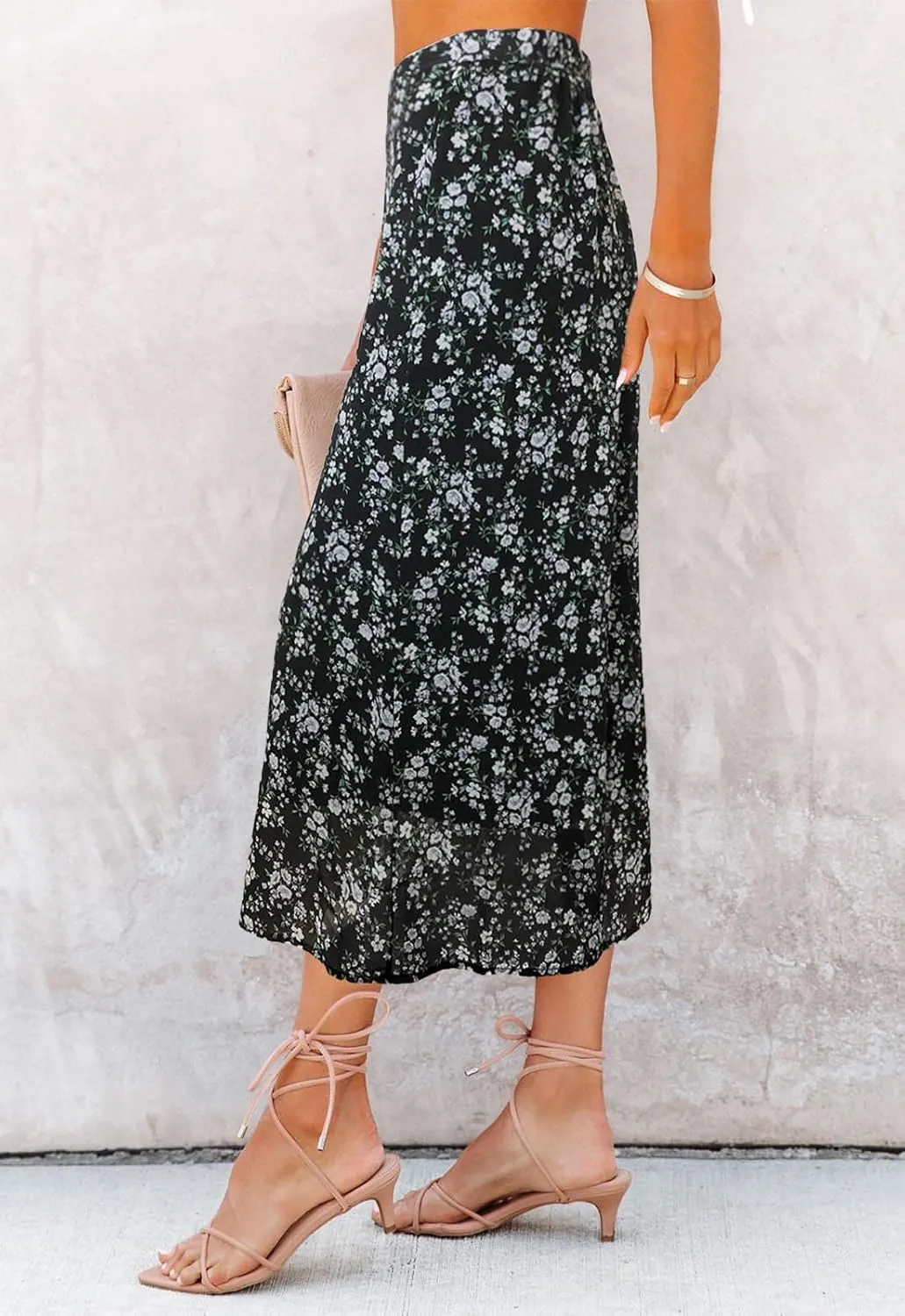 Womens Floral Print Midi Skirt Casual High Elastic Waist Zipper Vintage Long Boho Skirts for Women