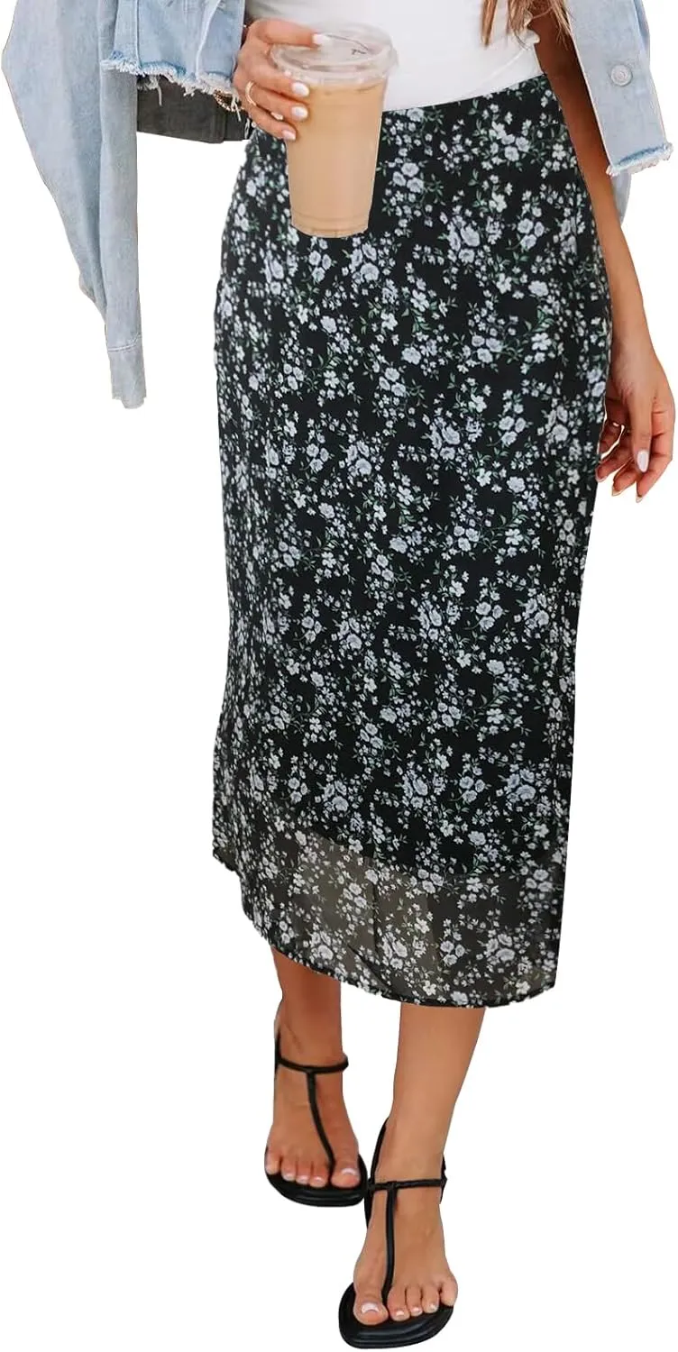 Womens Floral Print Midi Skirt Casual High Elastic Waist Zipper Vintage Long Boho Skirts for Women