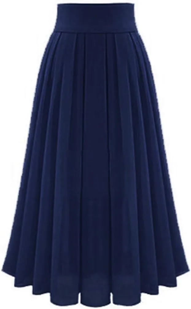 Womens Flowy Pleated Midi Skirt High Waist Boho Swing Pleated Skirt Chiffon Casual Elastic A-Line Long Skirts