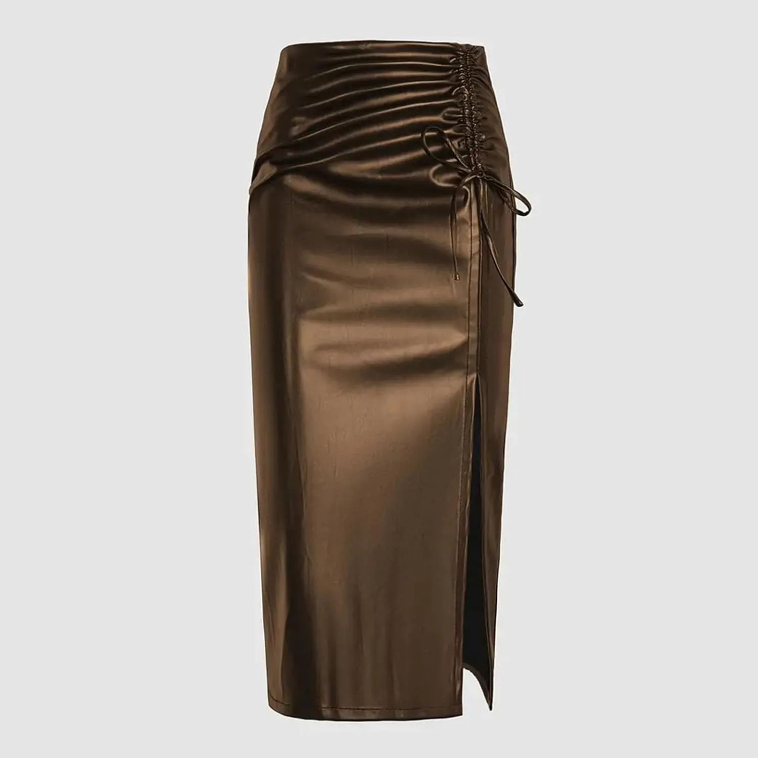Women's High Waist Faux Leather Pencil Skirts Casual Asymmetrical Side Slit Work Going Out Bodycon Midi Skirt