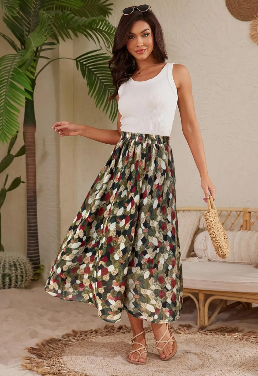 Womens Midi Floral Print Skirt Flowy Boho High Elastic Waist Trendy Summer Beach Long Skirts for Women