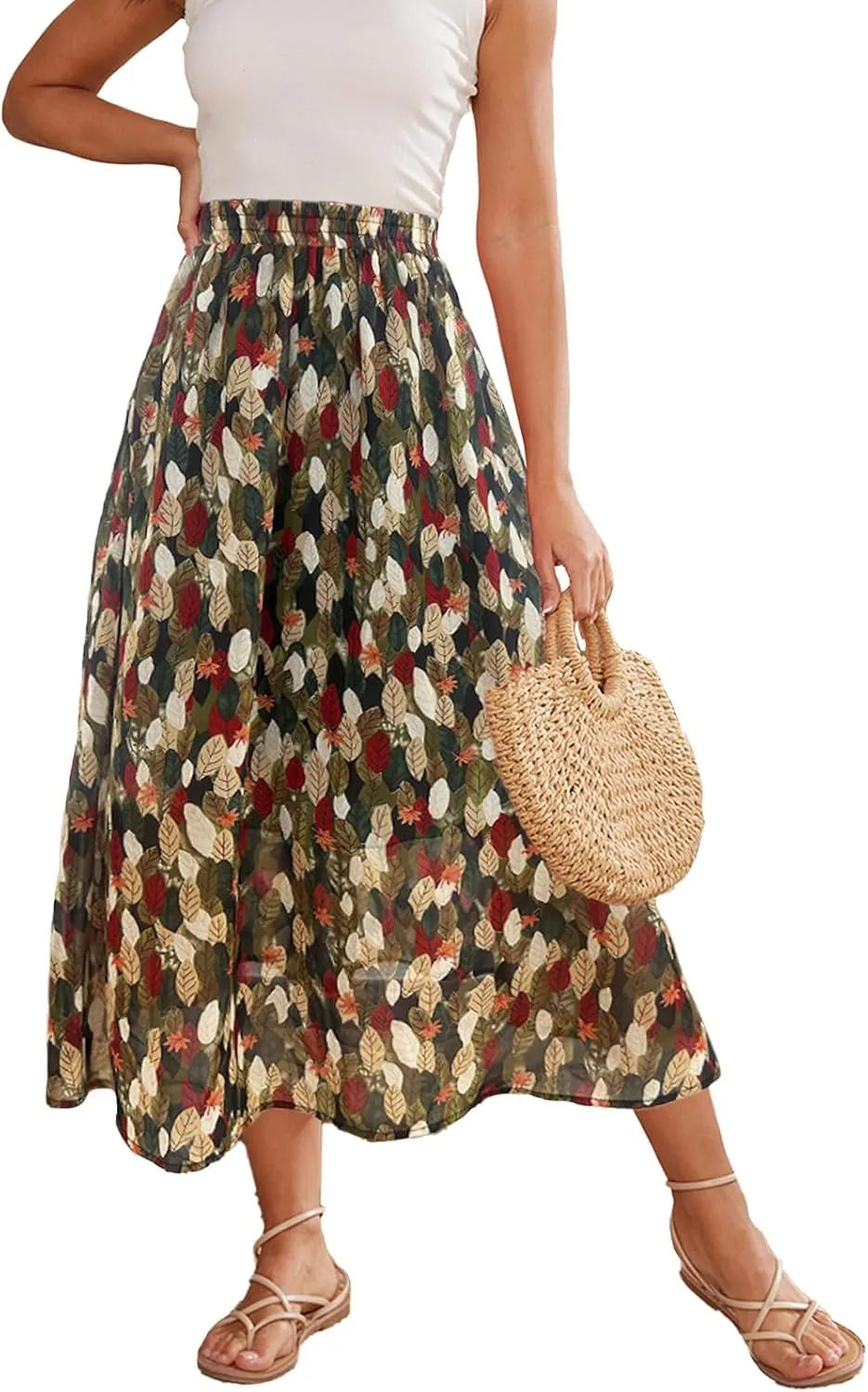 Womens Midi Floral Print Skirt Flowy Boho High Elastic Waist Trendy Summer Beach Long Skirts for Women