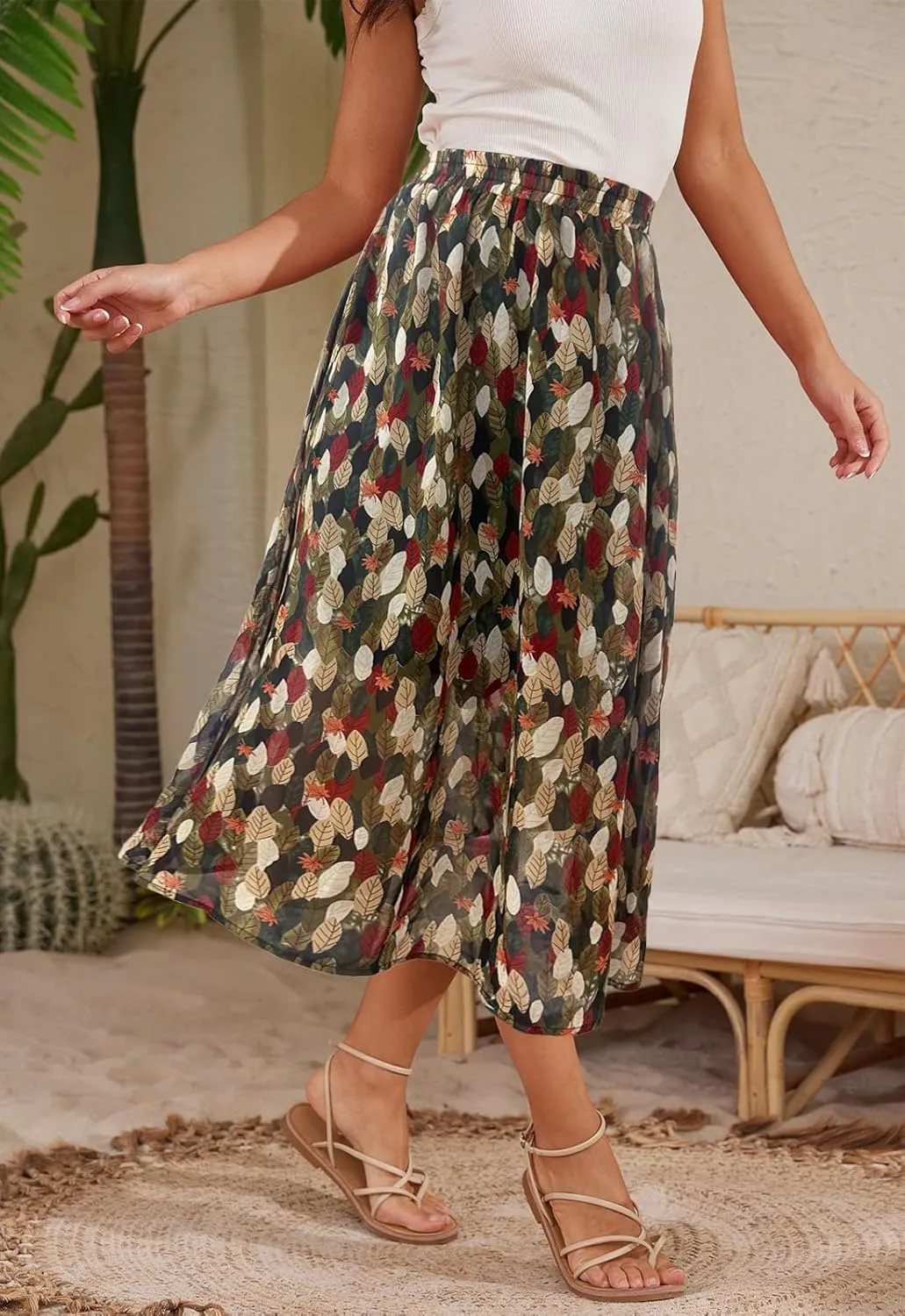 Womens Midi Floral Print Skirt Flowy Boho High Elastic Waist Trendy Summer Beach Long Skirts for Women