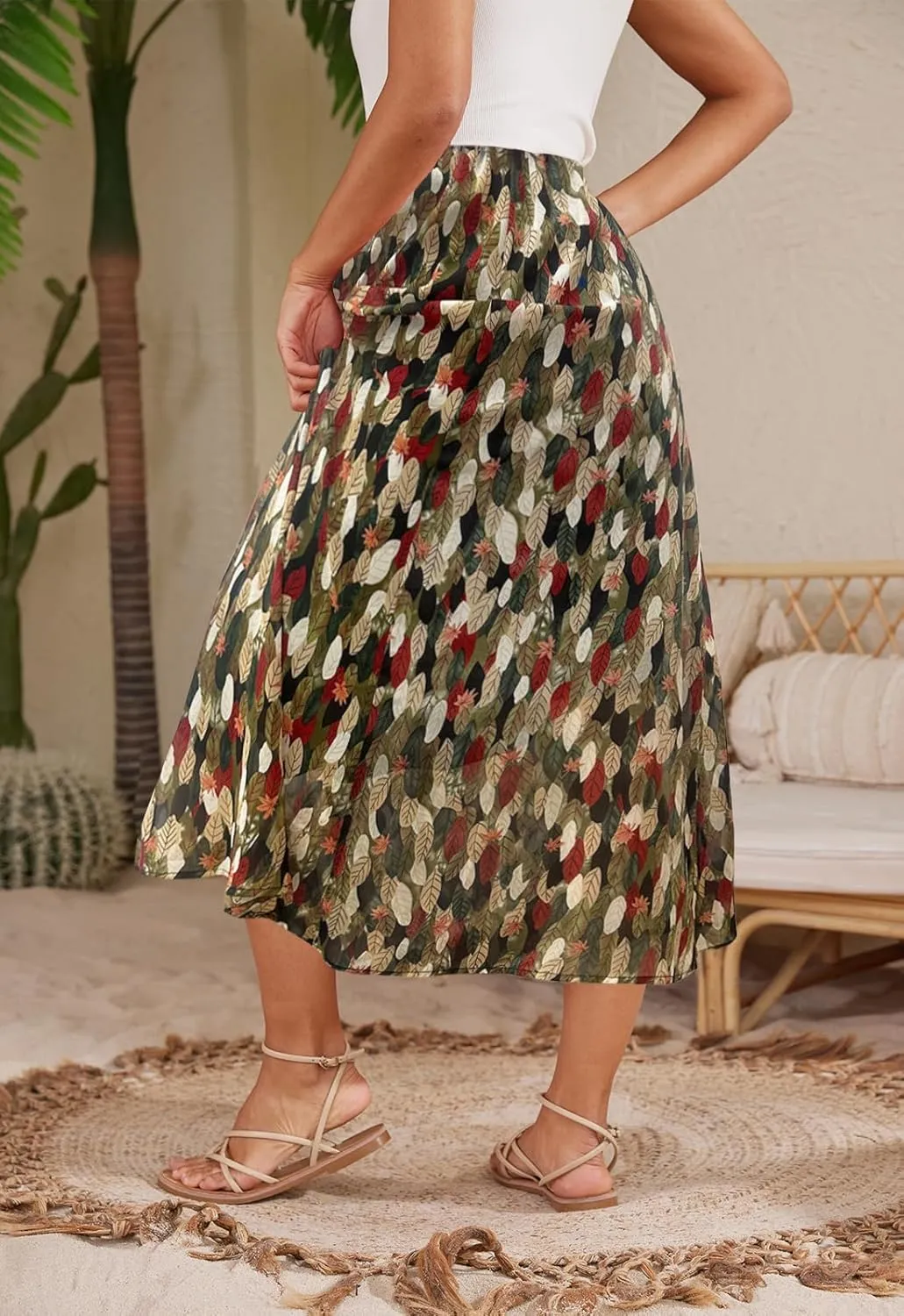 Womens Midi Floral Print Skirt Flowy Boho High Elastic Waist Trendy Summer Beach Long Skirts for Women