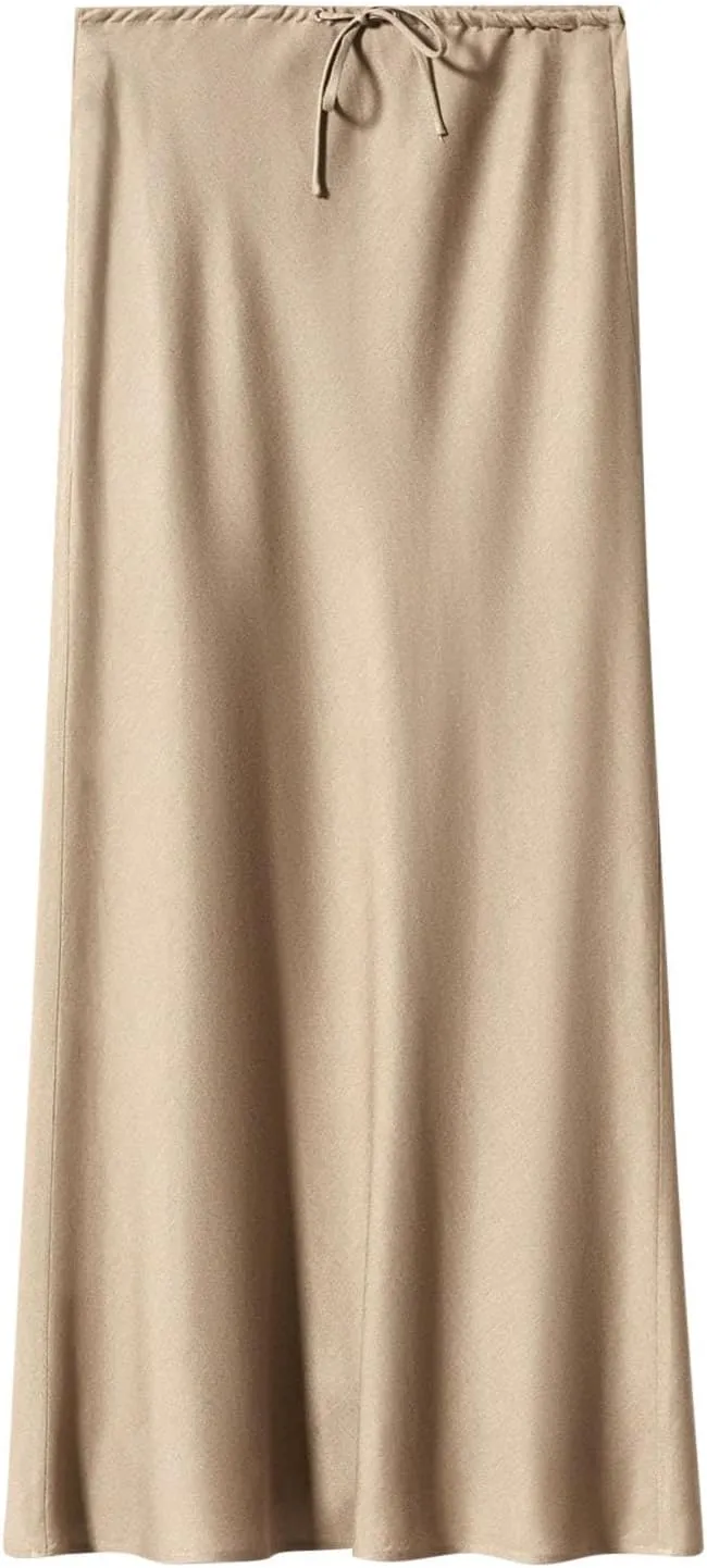 Women's Satin Maxi Skirt High Waist A Line Elegant Flowy Mermaid Hem Drawstring Wedding Party Club Fall Long Skirts