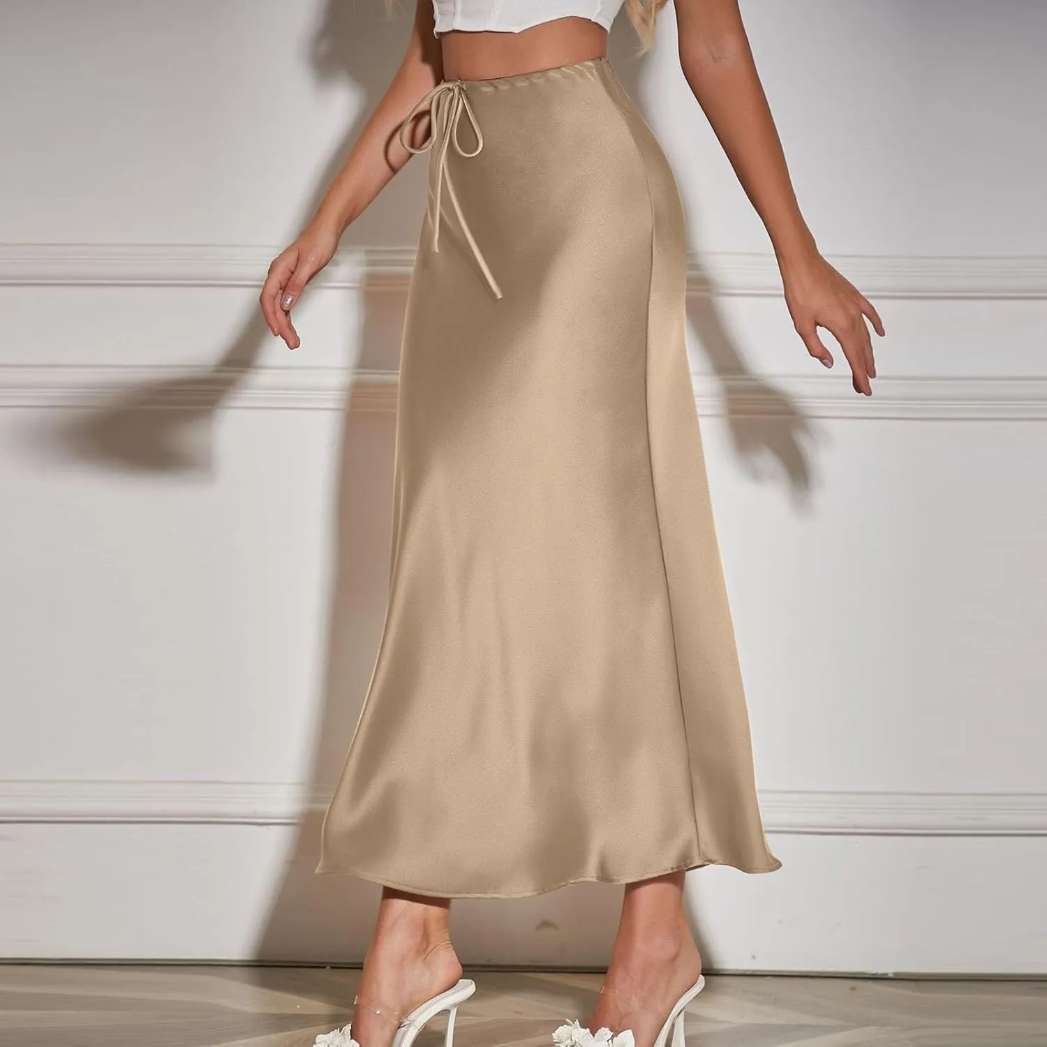 Women's Satin Maxi Skirt High Waist A Line Elegant Flowy Mermaid Hem Drawstring Wedding Party Club Fall Long Skirts