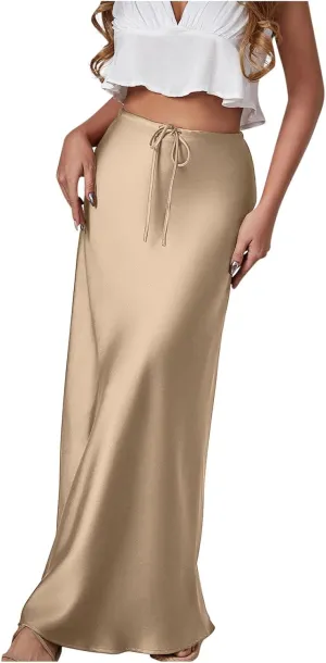 Women's Satin Maxi Skirt High Waist A Line Elegant Flowy Mermaid Hem Drawstring Wedding Party Club Fall Long Skirts