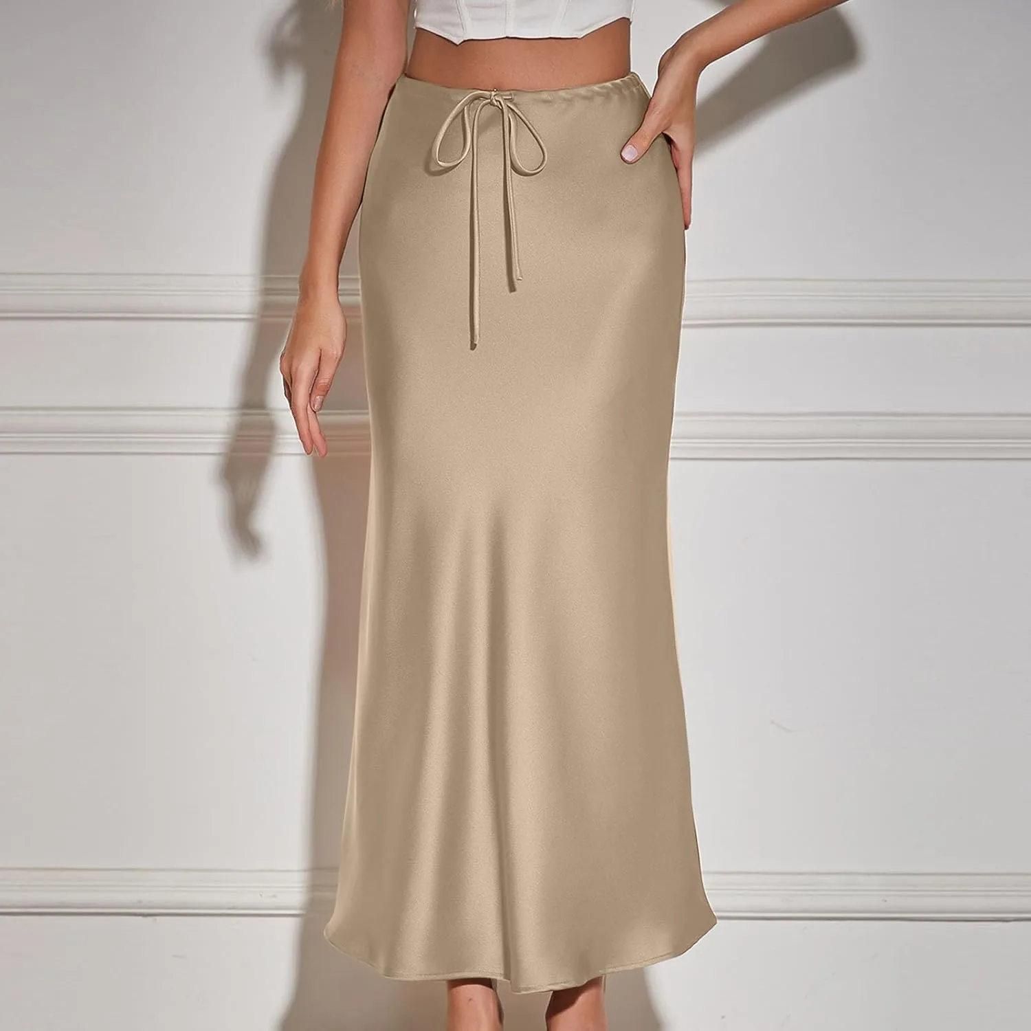 Women's Satin Maxi Skirt High Waist A Line Elegant Flowy Mermaid Hem Drawstring Wedding Party Club Fall Long Skirts