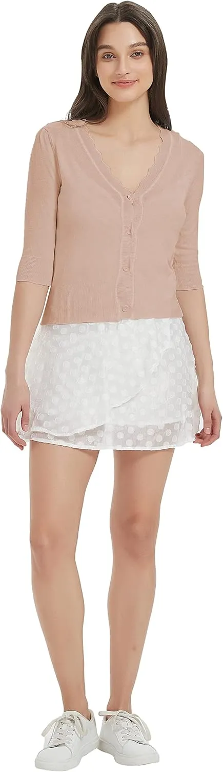 Women's Short Sleeve Cropped Cardigan Button Down Sweater Lightweight Knit Shrugs