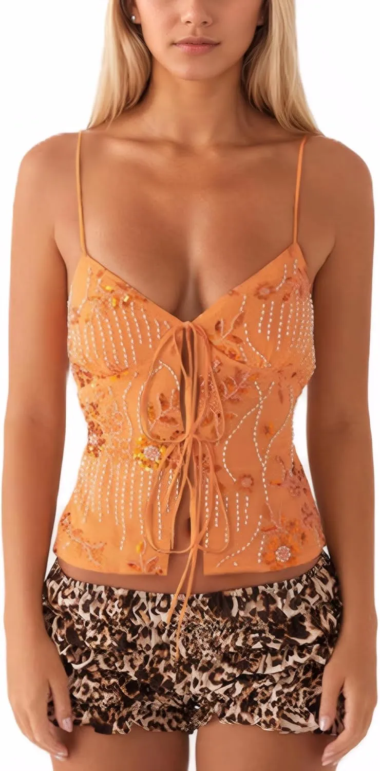 Womens Sleeveless Sparkly Beaded Top Lace Up Tie Front Cami Tops Low Cut V Neck Y2K Summer Sequin Crop Tank Top