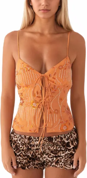 Womens Sleeveless Sparkly Beaded Top Lace Up Tie Front Cami Tops Low Cut V Neck Y2K Summer Sequin Crop Tank Top