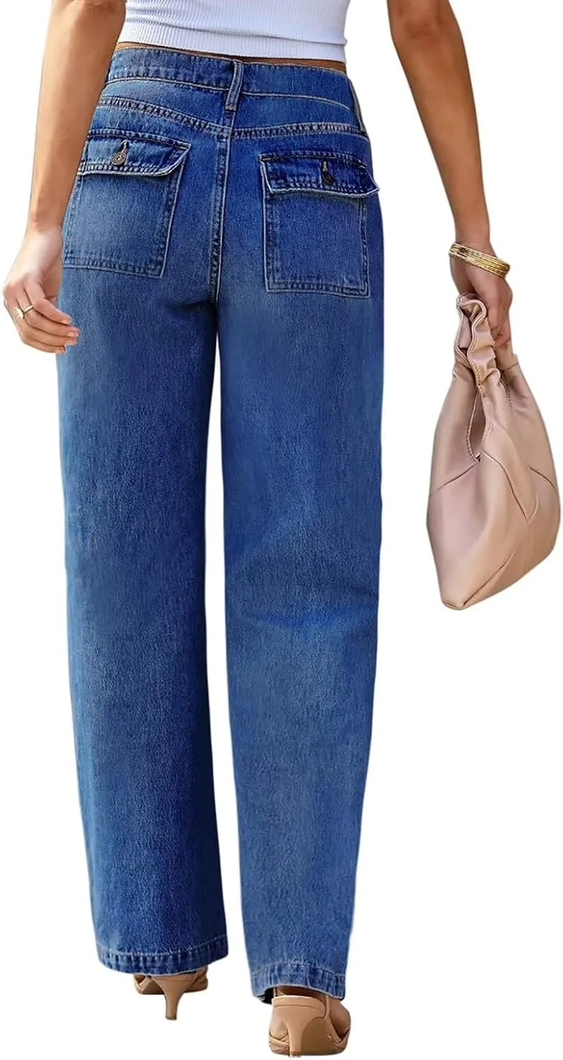Womens Wide Leg Jeans High Waisted Carpenter Cargo Jeans Casual 90s Y2K Flap Pocket Straight Leg Jeans for Women